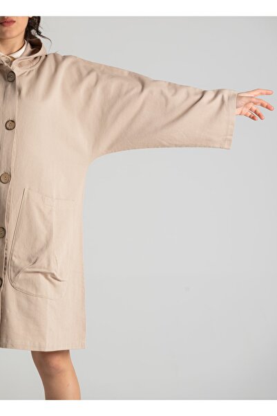 RUBYSTARS Taş Salaş Kesim Büyük Cep Ve Düğme Detaylı %100 Pamuk Kapüşonlu Oversize Trençkot