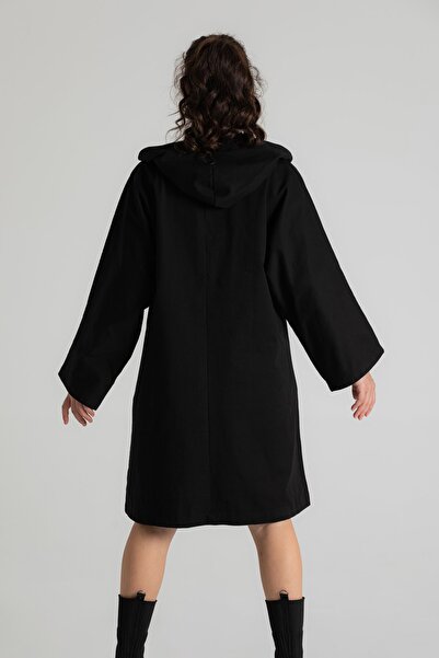 RUBYSTARS Siyah Salaş Kesim Büyük Cep Ve Düğme Detaylı %100 Pamuk Kapüşonlu Oversize Trençkot