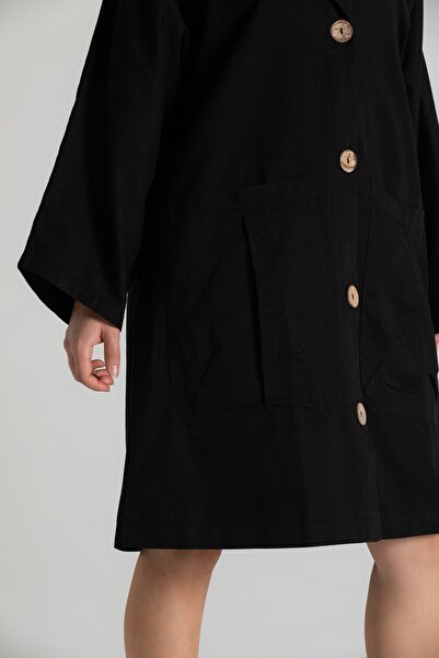 RUBYSTARS Siyah Salaş Kesim Büyük Cep Ve Düğme Detaylı %100 Pamuk Kapüşonlu Oversize Trençkot