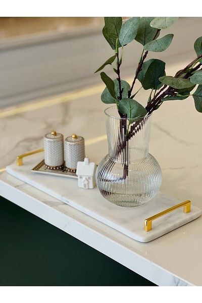 Gemboss Marble Decor Presentation Stand, Decorative Engagement Promise Tray 40x15 Cm with Gold Handle