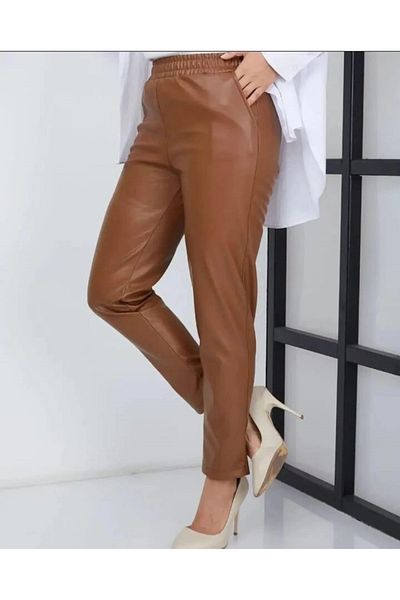 FATELLA Women's Elastic Waist Basic, Cotton Inside, Skinny Leg Leather Trousers