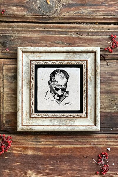 Oscar Stone Decor Çerçeveli Taş Duvar Dekoru Tablo 20cm X 20cm Atatürk Karakalem