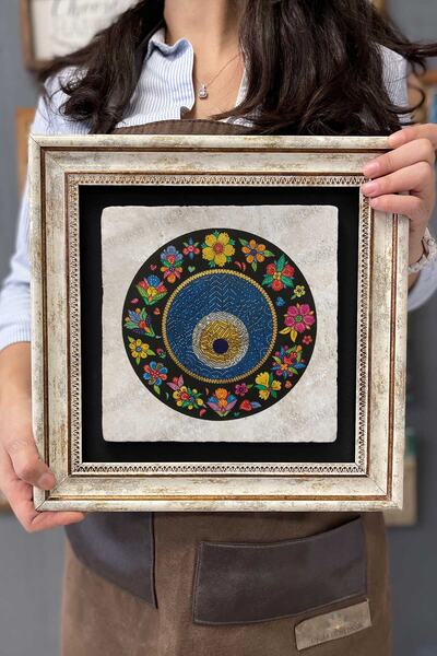 Oscar Stone Decor Çerçeveli Tablo Taş Duvar Dekoru 30 X 30 Cm Çiçekli Nazar B...