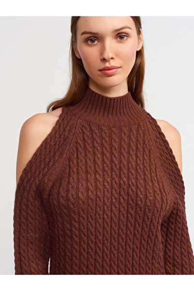 Dilvin 90131 Yarım Balıkçı Omzu Açık Triko Elbise-kahve