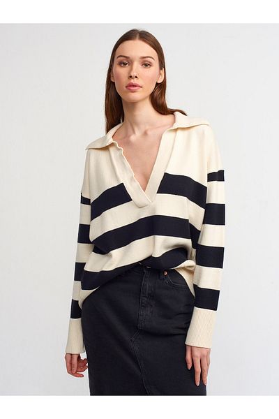 Dilvin 10325 Pulover cu dungi cu gât polo-crem-negru