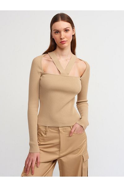 Dilvin 10324 Square Collar Front Cross Banded Sweater-beige