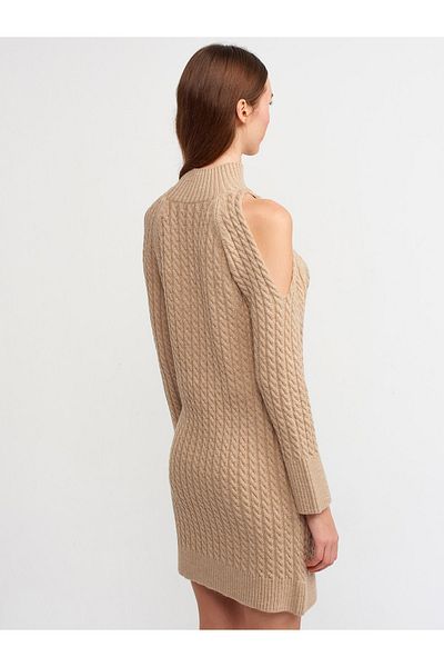 Dilvin 90131 Half Fisherman Off Shoulder Knitwear Dress-dark Beige
