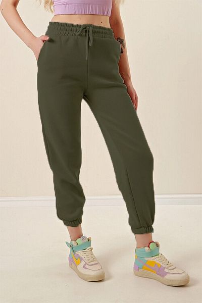 Aşkı Endam Φούτερ με ελαστικό πόδι Erva Plus Size με τρεις κλωστές - Χακί