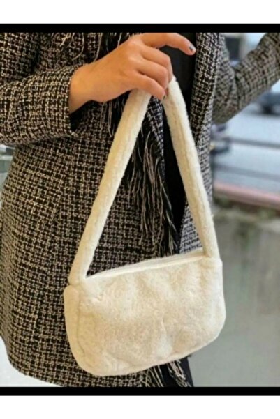 Hanselis Krem Puufi Baget Yumuşak Peluş Tüylü Baguette Çanta