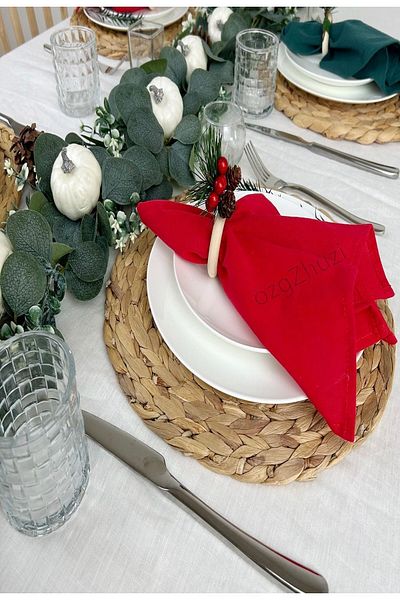 perlina home Christmas Elegant 12-Piece Linen Fabric Napkin Red