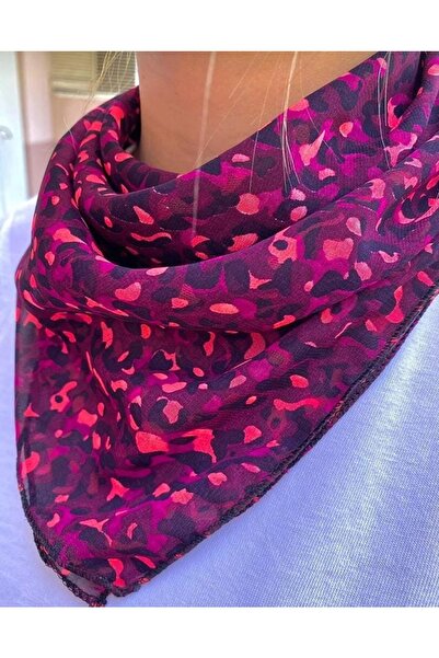 Elvinege Aksesuar Mor Renkli Desenli Şifon Bandana Fular - Şifon Fular