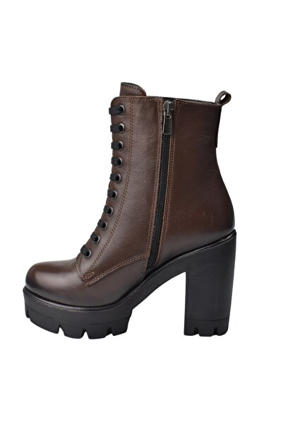 Impero Kahverengi Hakiki Deri Yüksek Kalın Topuklu Bot