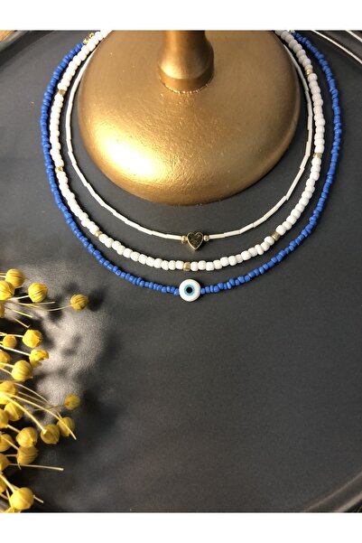 Stoneday Heart Evil Eye Beaded Gold Detailed Stick Sand Bead 3-Piece Necklace Set