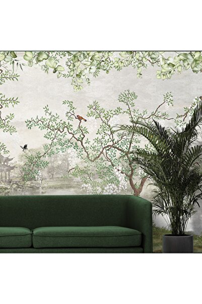 LOTUS AURA Japon Ağacı Duvar Kağıdı, Renkli Kuşlu Duvar Resmi