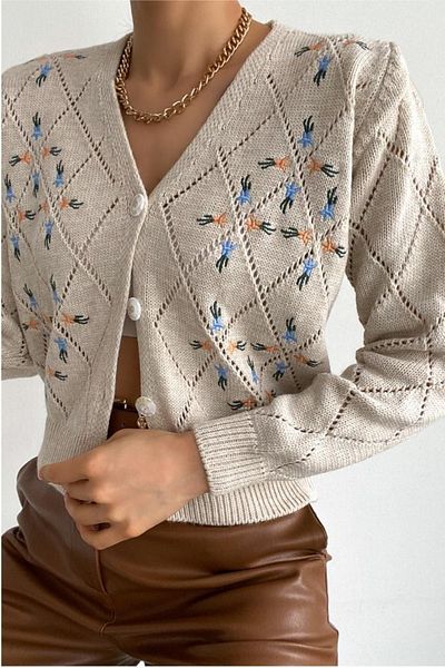 FEMELLE Cardigan de damă, bej, mărime standard, ajurata, cu broderie florală, tricotaj (compatibil S/M)