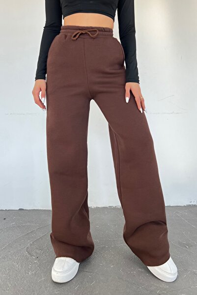 Eva Sunset Kadın Kahverengi Içi Polarlı Kışlık Yüksek Bel Bol Paça Eşofman Altı