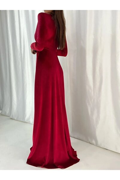 sarebutik Bordo Kruvaze Yaka Uzun Kollu Yırtmaçlı Maxi Boy Kadife Kumaş Abiye Elbise