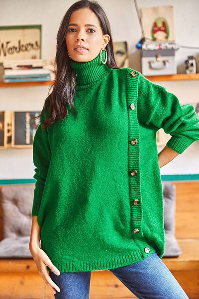 Olalook Women's Emerald Green Buttoned Side Soft Textured Oversize Pullover KZK-19000536