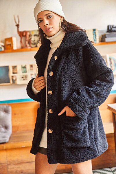 Olalook Jachetă neagră de pluș supradimensionată, fără căptușeală, cu buzunar cu nasturi CKT-19000328