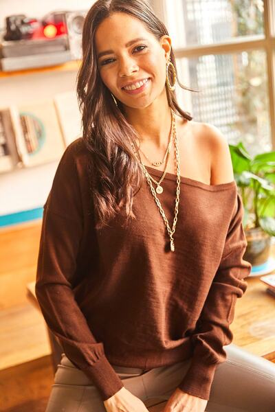 Olalook Дамски свободен пуловер от плетиво с горчиво кафе и лодка, TNK-19000057