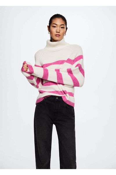 MANGO Woman Pulover cu guler rotit cu dungi