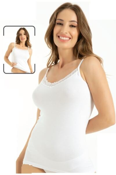 by HW Білий бамбуковий тонкий бретельок з мереживом, двосторонній жіночий топ