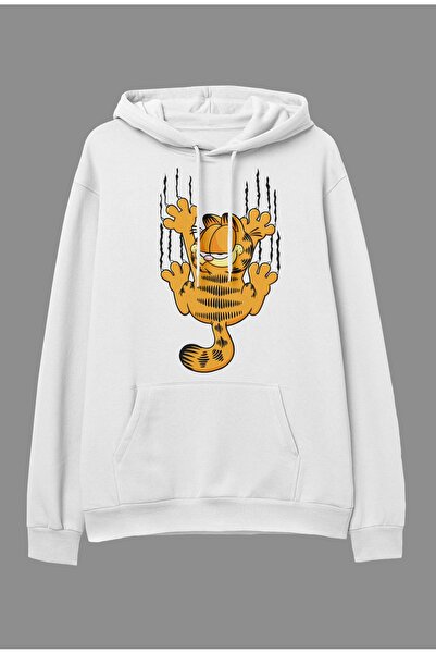 YQYQ Oversize Garfield Tasarım Baskılı Kapüşonlu Sweatshirt Hoodie Beyaz