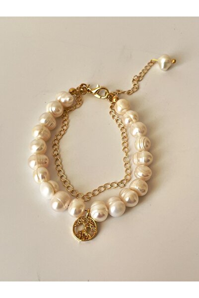 Ladies&Gentlemen Hayat Ağacı Model Altın Kaplama Gerçek Inci Bileklik