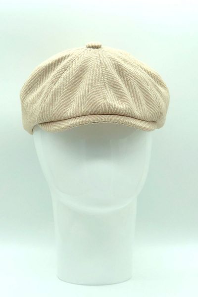 Hoppe Winter Stamped Wool Beige Herringbone Patterned 8-Piece Irish Style Peaky Blinders Cap Hat