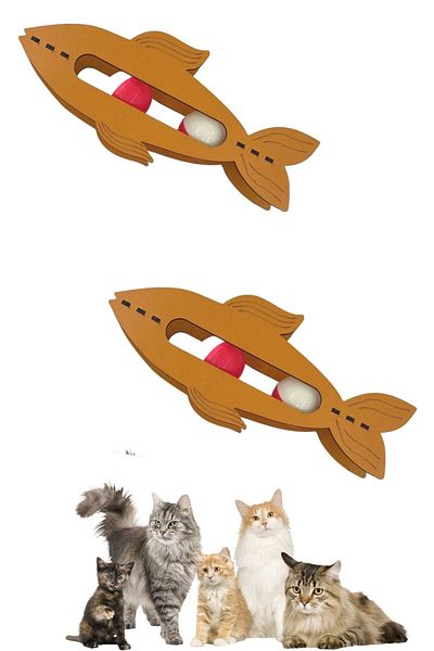 Buffer ® 2 Pieces Wooden Cute Fish-Shaped Educational Toy with 2 Balls for Cats