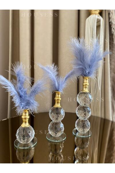 Housess 3'lü Koyu Turkuaz Tüylü Gold Kristal Top Tüylük Dekor Biblo Süs