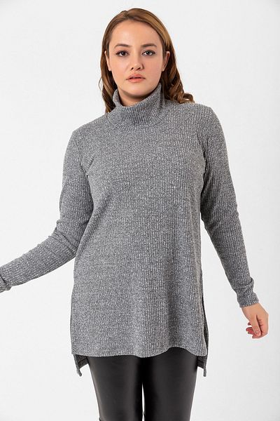 Laranor Gray Large Size Turtleneck Side Slit Blouse & Sweater