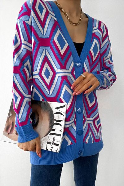 FEMELLE Cardigan tricotat cu decolteu în V de damă, mărime standard, cu model geometric