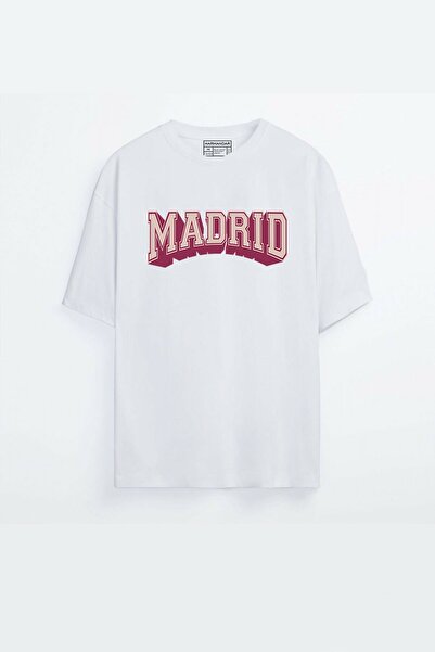 MELADYAN Harmandar - تي شيرت أبيض كبير الحجم مطبوع عليه مدريد للجنسين