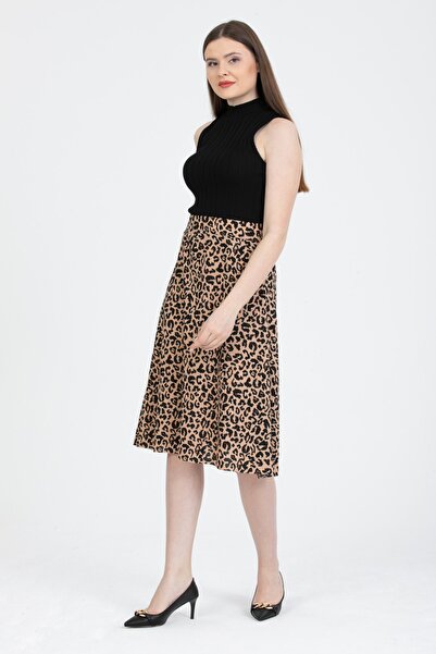 Gül Moda Flared Midi Skirt with Elastic Waist Leopard Pattern G102-3