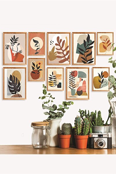NT Handmade 10parça Ahşap Çerçeve Görünümlü Bohem Yapraklar Duvar Dekoru Salo...