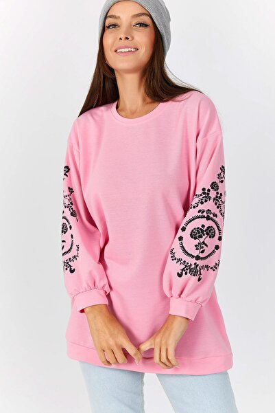 armonika Tunica roz pentru femei, cu guler rotund și mâneci în relief Arm-21k...