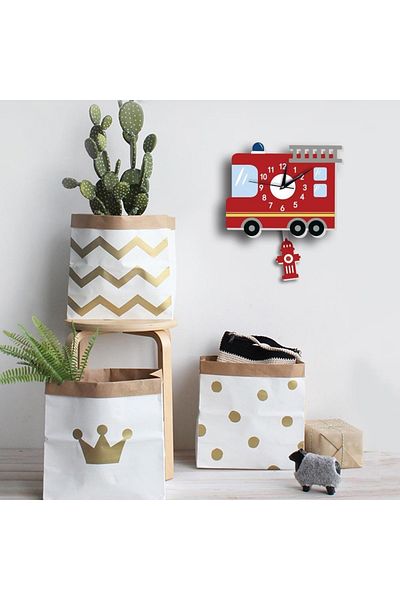 CajuArt Wooden Swinging Pendulum Fire Truck Children's Wall Clock