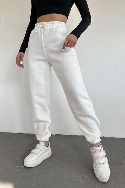 Sun Victoria Γυναικείο λευκό χειμωνιάτικο χοντρό φλις εσωτερικά ψηλόμεσο πόδι ελαστικό Basic Jogger φούτερ