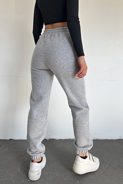 Sun Victoria Kadın Gri Kışlık Kalın Içi Polarlı Yüksek Bel Paçası Lastikli Basic Jogger Eşofman Altı
