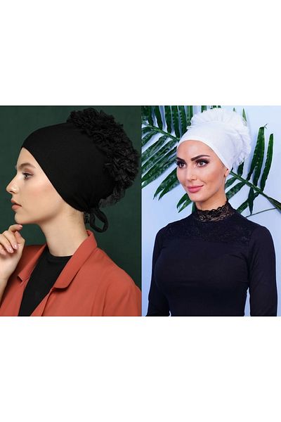 ALLURİNG Seamless Frilly Bonnet Black-white Set (2 Pieces One Black-One White)