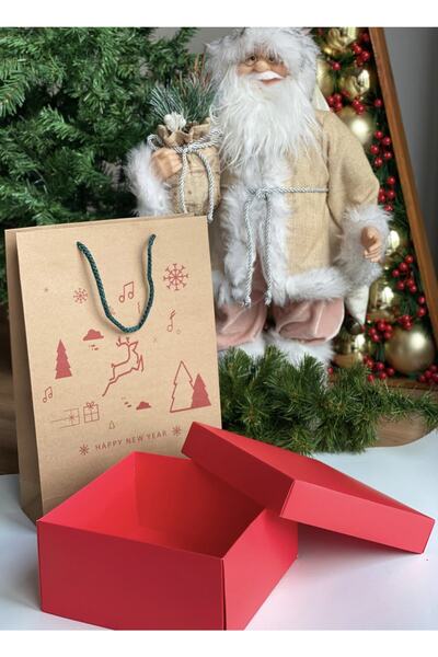 QUEEN AKSESUAR Büyük Kraft Karton Geyik Çam Ağacı Yılbaşı Desenli Hediye Paketi Çanta Kırmızı Kutu Set