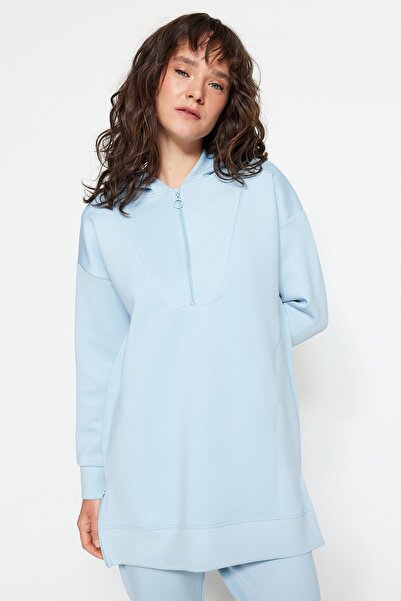 Trendyol Modest Soft Scuba Textured Light Blue Oversize Tracksuit Set - Zippered, Knitted TCTSS23EN00005
