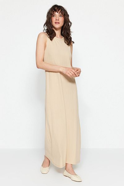 Trendyol Modest Μπεζ με κορδόνι πλεκτό αμάνικο φόρεμα - επένδυση Εσώρουχα TCTSS23EB00001