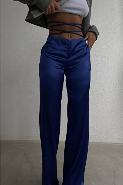 lovebox Women's Sax Waist Lace-Up Satin Trousers 9586