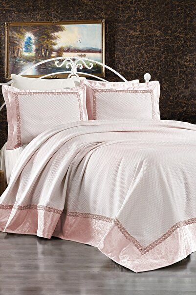 Evlen Home Collection Else French Lace Laced Double Bedspread Pique Set Bridal Dowry Set Powder (6 PIECES)