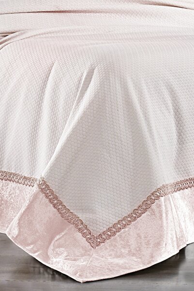 Evlen Home Collection Else French Lace Laced Double Bedspread Pique Set Bridal Dowry Set Powder (6 PIECES)