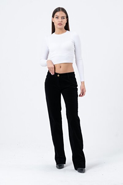 Barkaist Kadın Siyah Normal Bel Boru Paça İnce Fitilli Kadife Pantolon