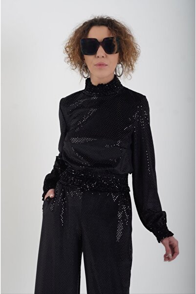 Zelish My Sister Siyah Payetli Crop Bluz