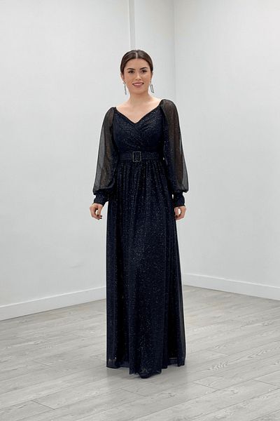 giyimmasalı Glitter Fabric Belted Evening Dress - Black